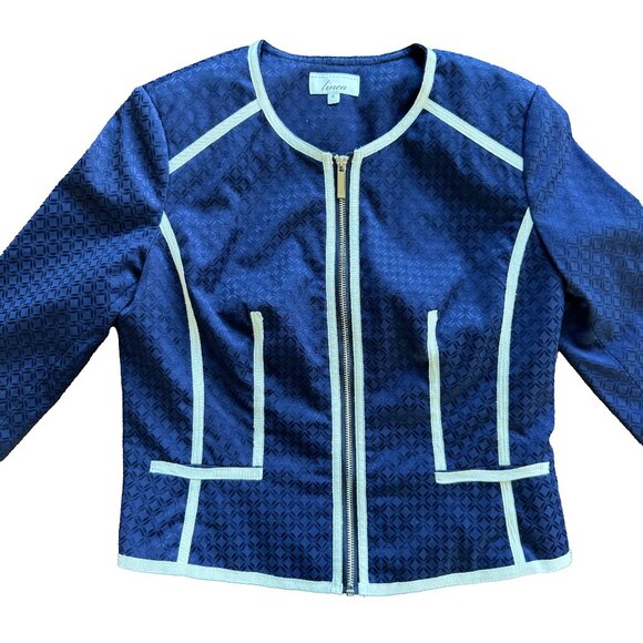 Linea Navy Blue Blazer Size 8 White Piping Zip Front Lined Preppy Work Jacket - Picture 1 of 7
